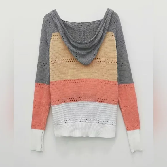 Sweater Long Sleeved Acrylic Color Block gray/peach/yellow/white Lightweight - Picture 2 of 6